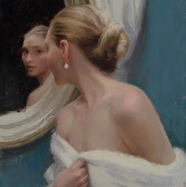 The Undetectable Facelift: A New Era of Natural Results 1 Oil painting of a woman with a blonde chignon and a pearl earring looking at her reflection in a gilt-framed mirror